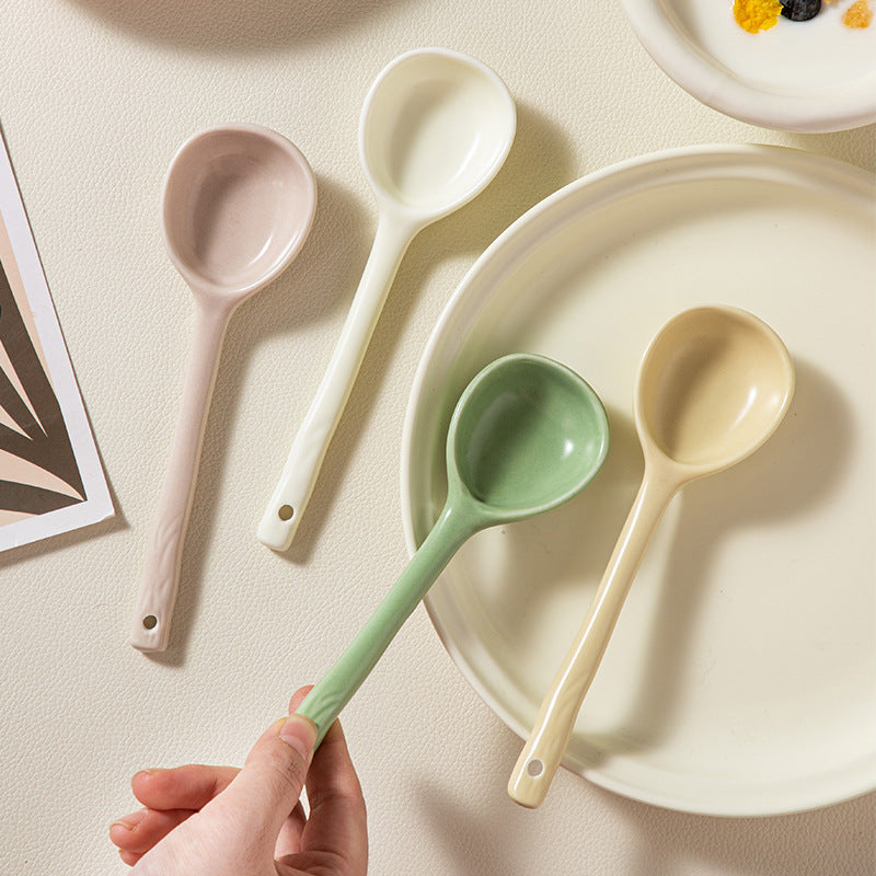 Cute Ceramic Spoon, Long Handle Soup Spoon, INS Style Dining Spoon, High-End Ceramic Tableware, Dessert Spoon, Rice Spoon