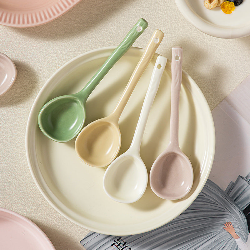 Cute Ceramic Spoon, Long Handle Soup Spoon, INS Style Dining Spoon, High-End Ceramic Tableware, Dessert Spoon, Rice Spoon